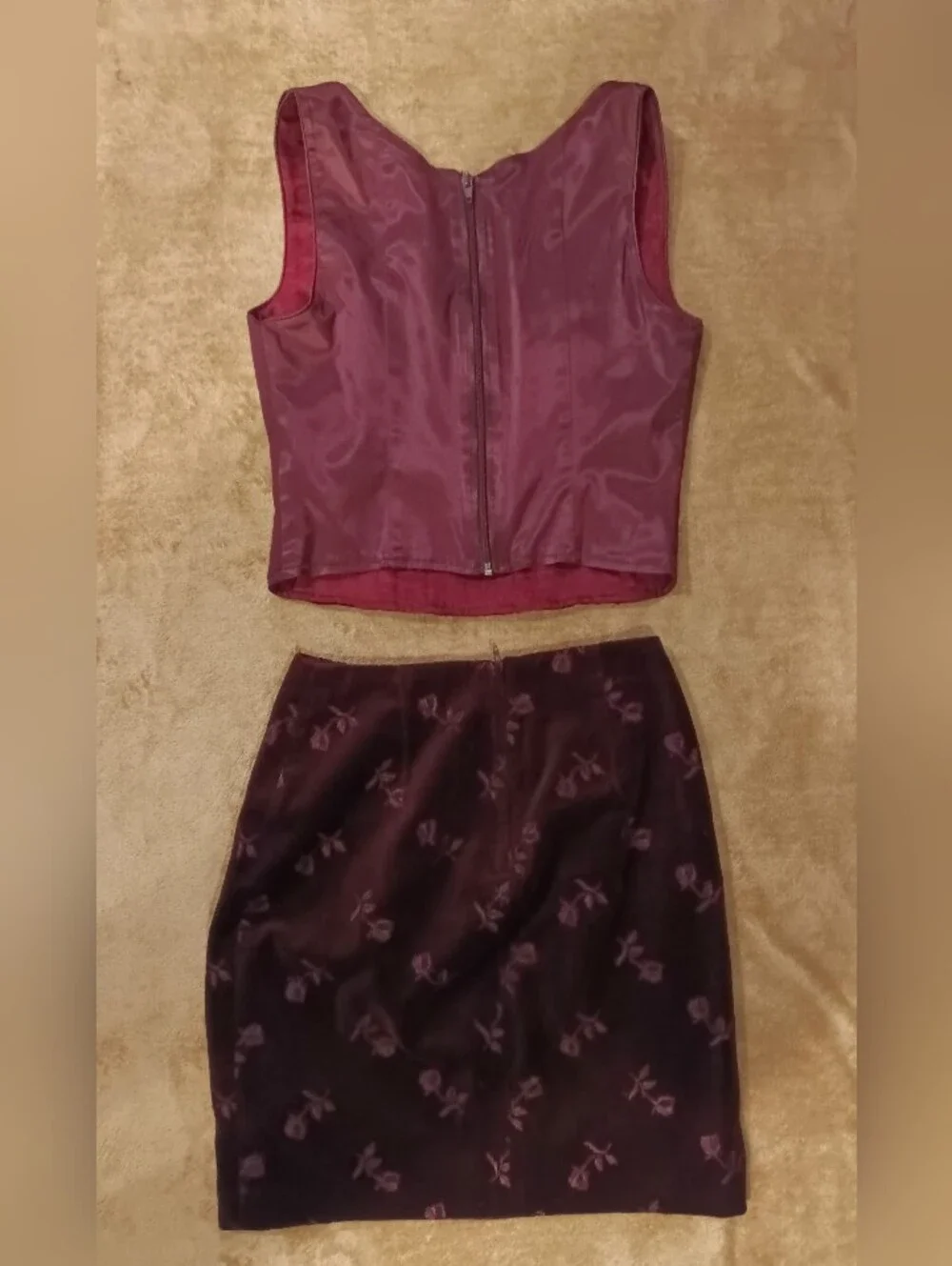 Vintage Tina Hagen Two-Piece Plum Velvet Floral Corset Top & Skirt Set